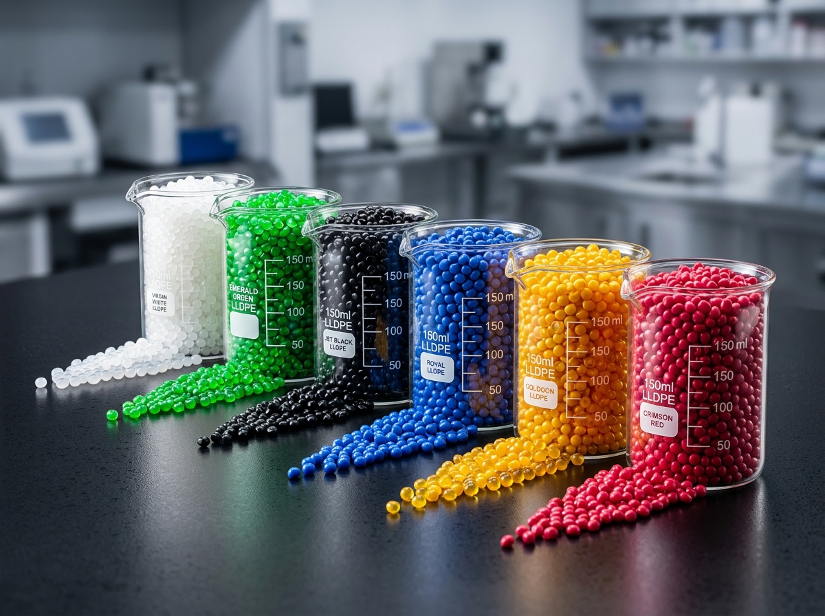 Multi-Color LLDPE Polymer Granules in Glass Beakers with Pouring Streams